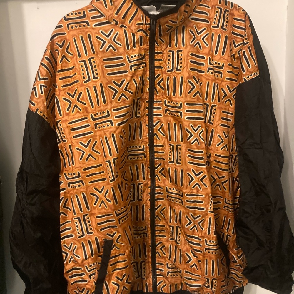 Sz XXL Avon style Tribal Patterned Orange and Black zip up Jacket